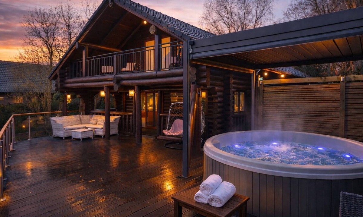 Dogdyke House | Nightingale Lodge, 2 Storey Scandinavian style lodge, Sleeps 8, Hot tub, Huge fishing deck