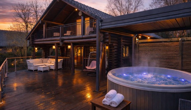 Nightingale Lodge, 2 Storey Scandinavian style lodge, Sleeps 8, Hot tub, Huge fishing deck