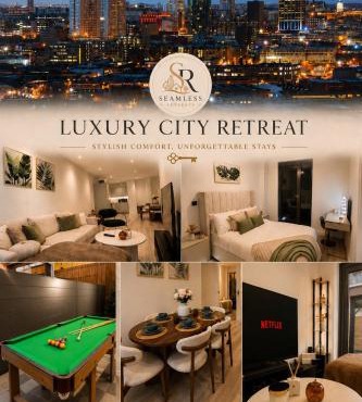 Luxury 1 bedroom apartment- Amazing city skyline views- free parking- pool table- city centre
